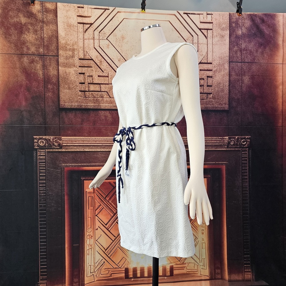 Vintage 1960's Dress Shift White Blue White Braided Belt Sleeveless Retro Pinup - Picture 5 of 13